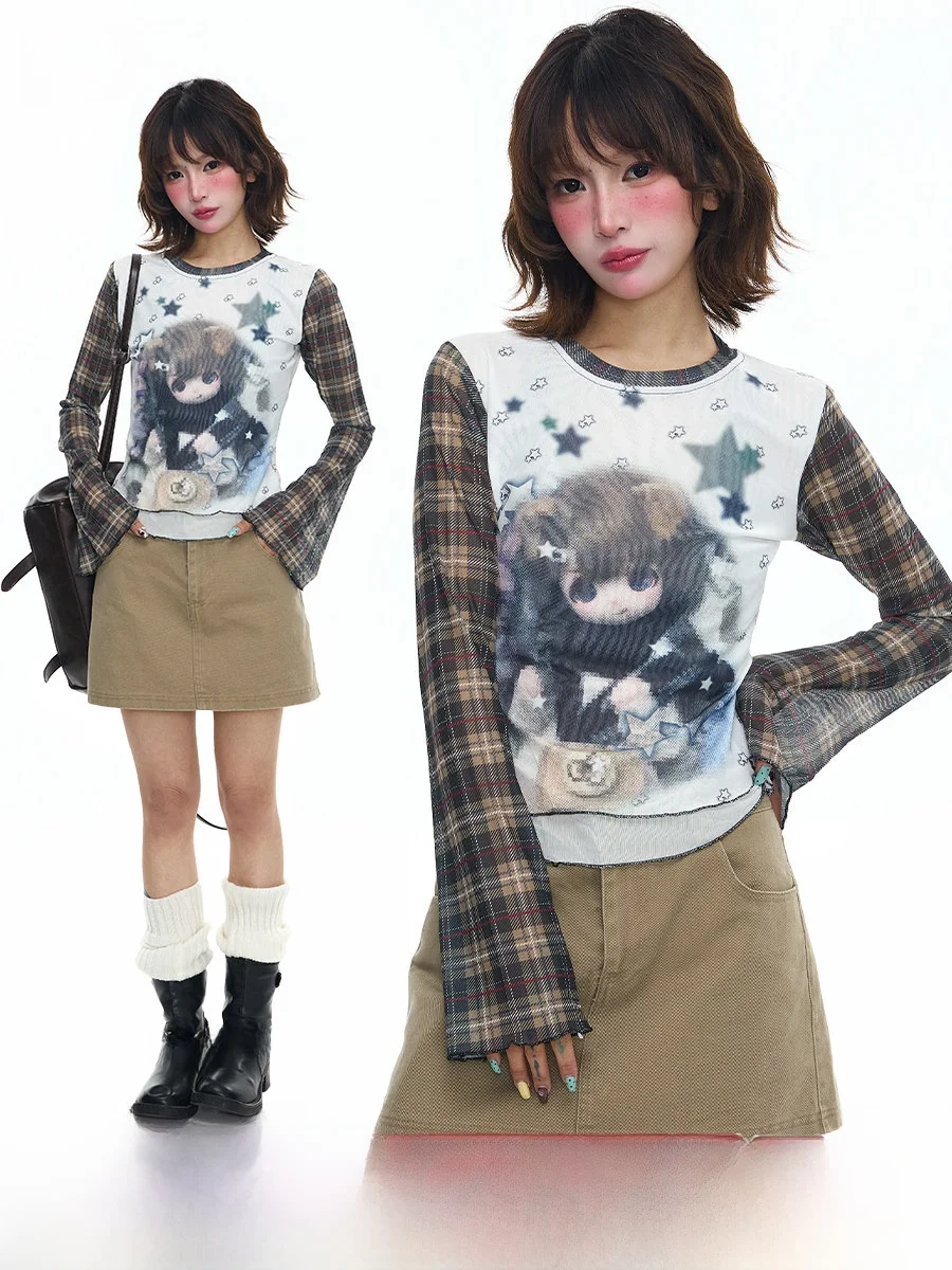 

Sanowers Long Sve T-irt Women Slim Fit ort Top Cartoon Print Plaid Splicing Flared Sve Lightweight Faion Spring