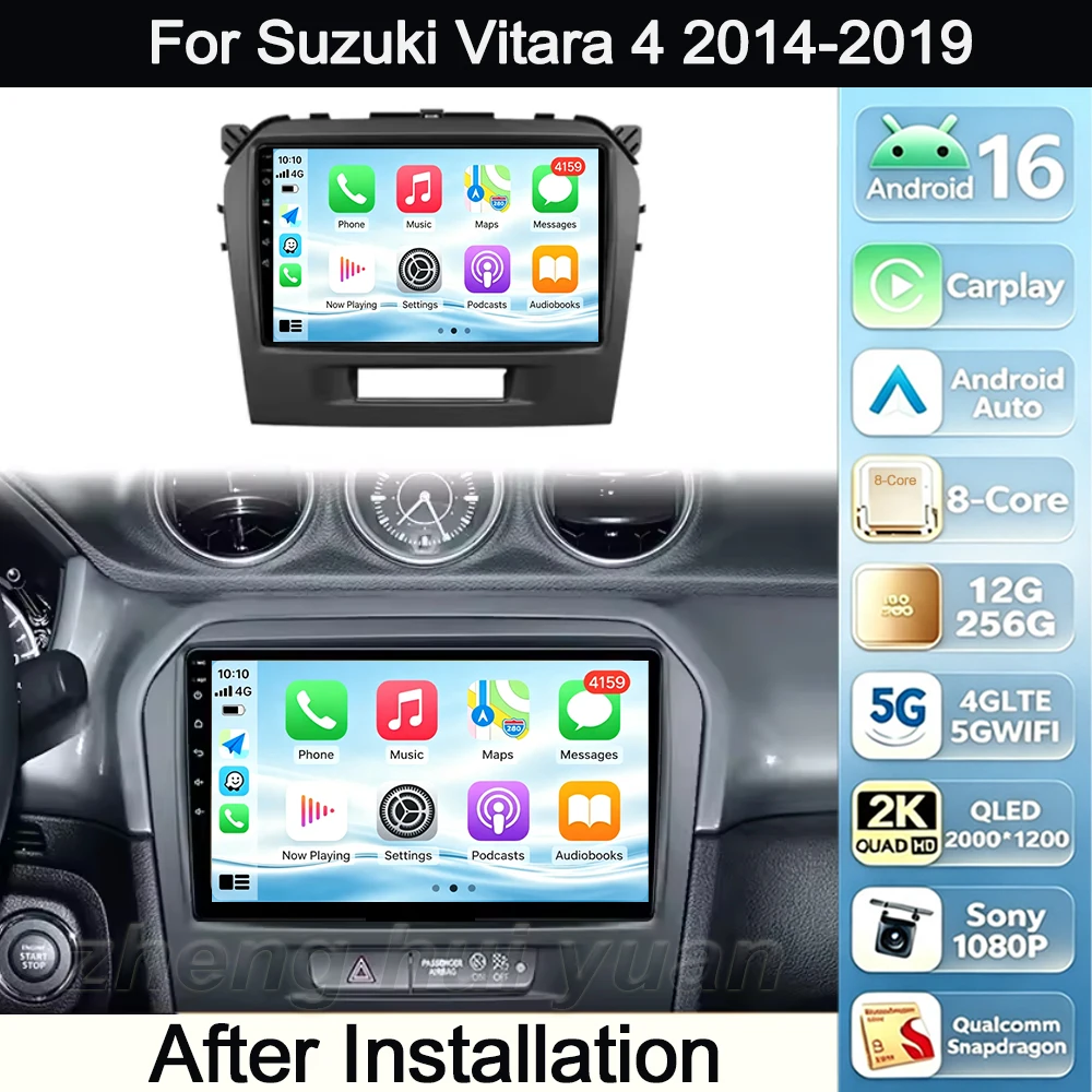 Android 16 Car Radio CarPlay Android Auto For Suzuki Vitara 4 2014-2019 Car Multimedia Player Wireless GPS WIFI 4G 2din BT