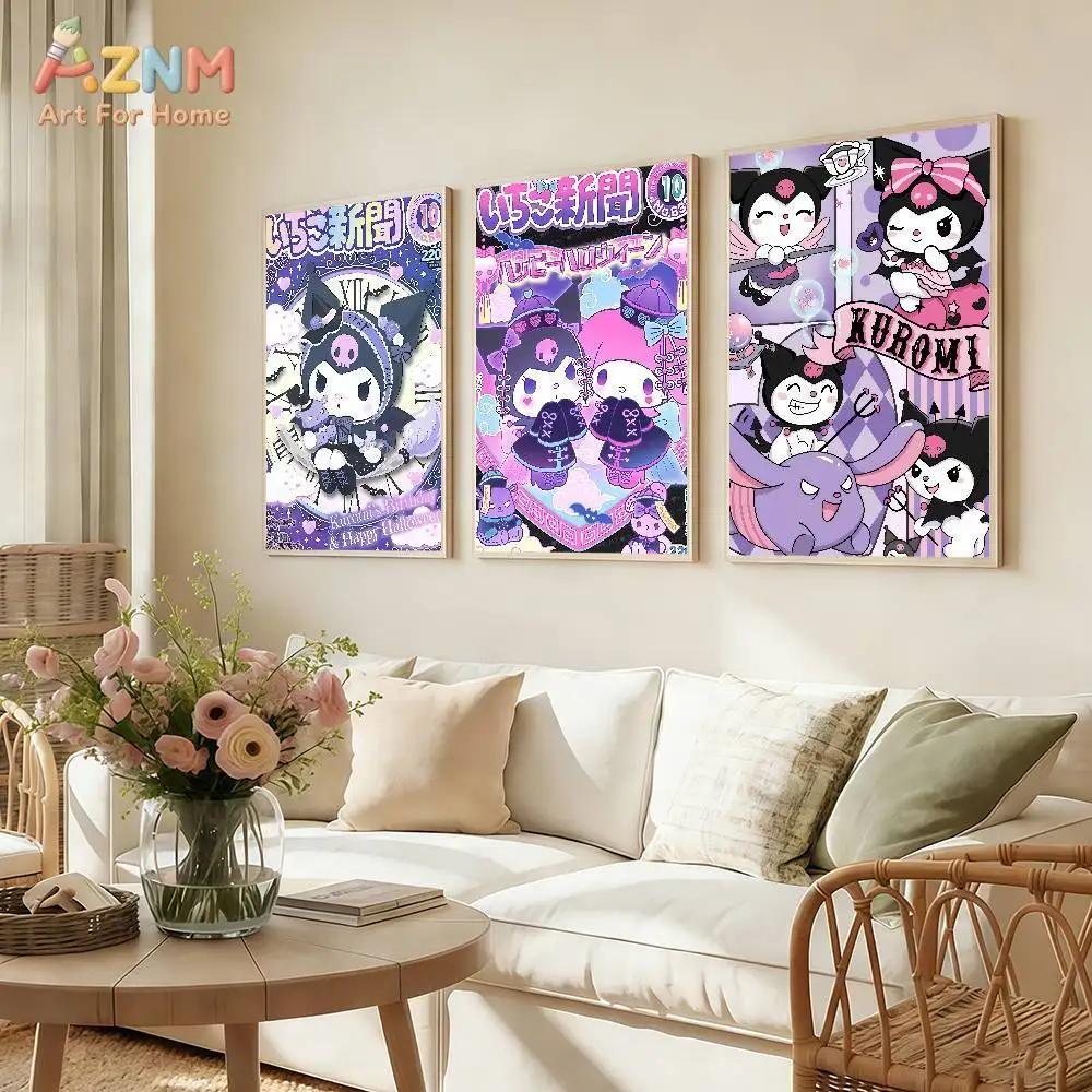 AZNM Kuromi - Arte de pared en lienzo, bonito póster con diseño de anime de Sanrio My Melody y Baku, impresión en lienzo sin marco, dibujos animados japoneses Kawaii C