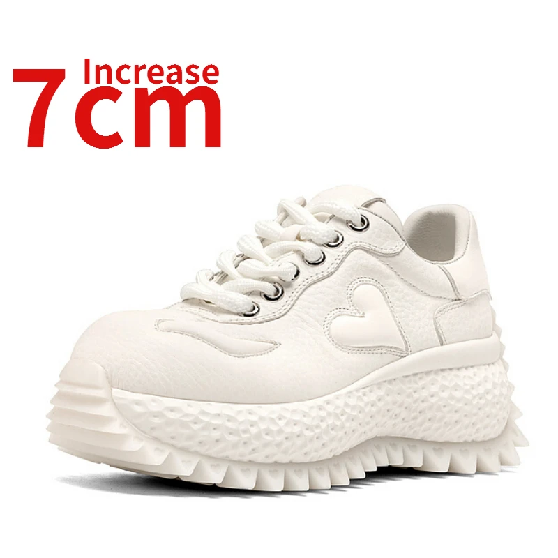 Europe Street White Casual Elevated Shoes for Women Increase 7cm Spring New Genuine Leather Thick Sole Shoe Super Popular Female