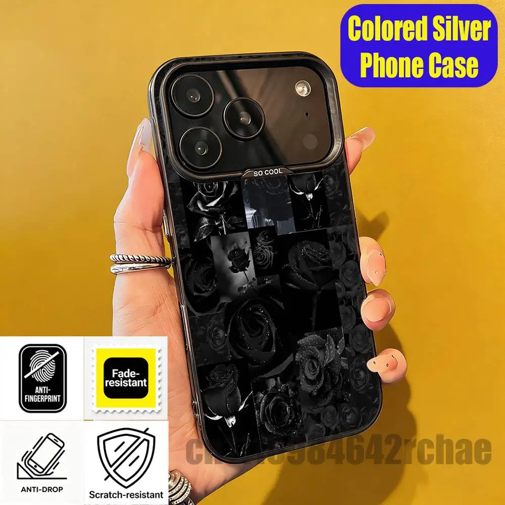For Black Rose Flowers Collage Phone Case iPhone 15,17,11,14,13,16,12,E,Max,Plus,Air,Pro,Mini Custom Color Silver Cover