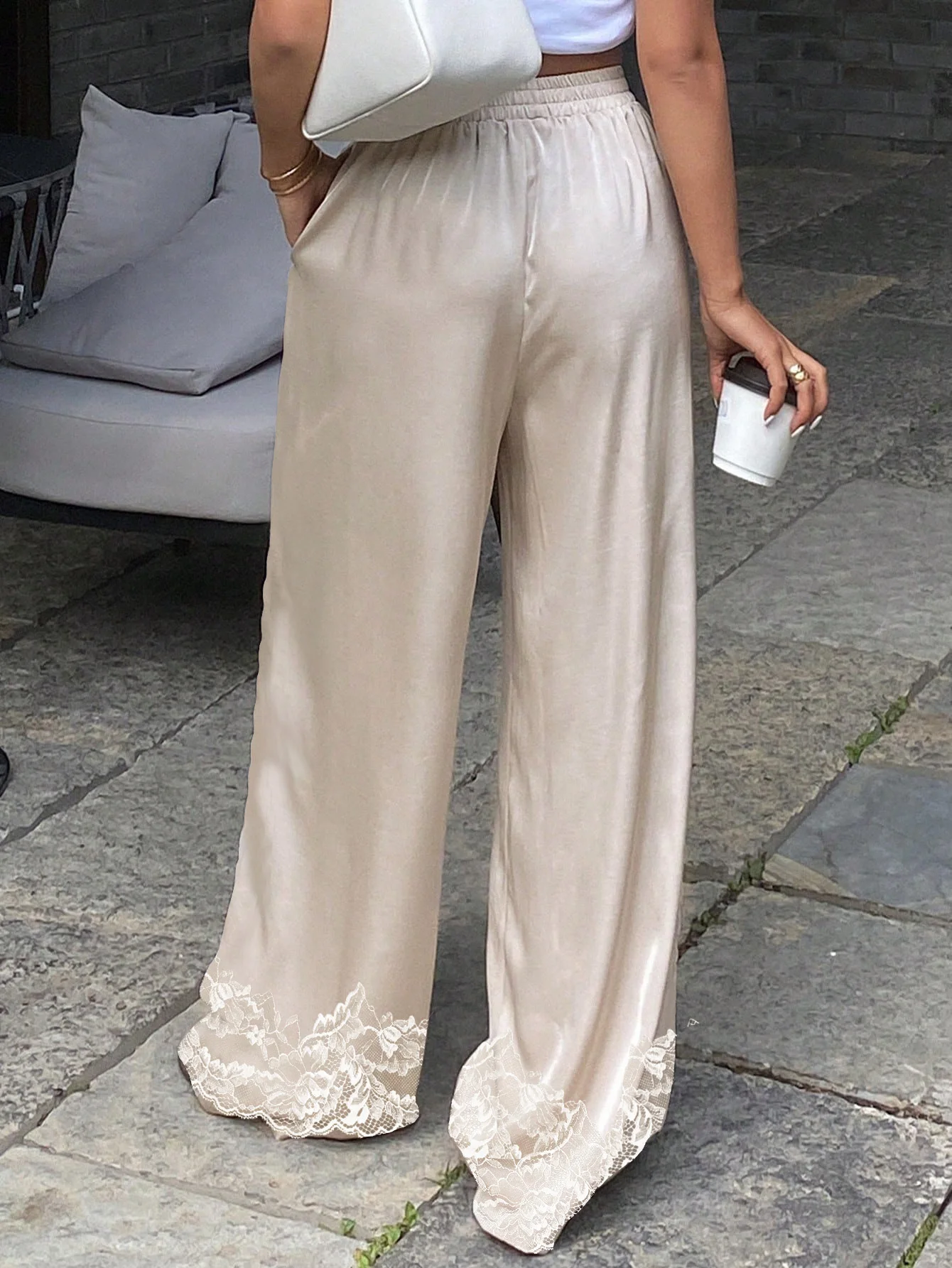 

Женские повседневные широкие брюки GuliriFei на весну-лето, длинные брюки свободного кроя из атласа цвета шампань с кружевом и эластичной талией, уличная одежда