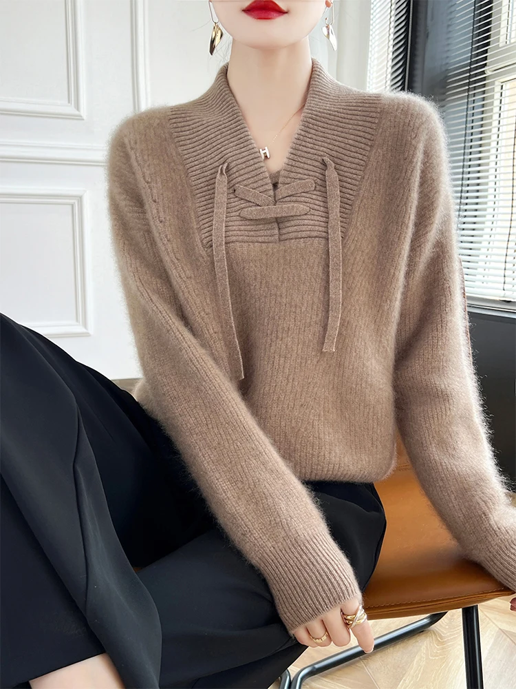 

Autumn and Winter 100 Wool Sweater Women's V-neck Thickened Loose Lazy Style Knitted Sweater Design Sense Base Cashmere Sweater
