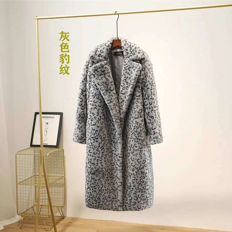 Winter Thick Warm Weight 1.7kg-1.9kg Women Long Faux Rabbit Fur Coat Casual Loose Leopard Imitation Teddy Fur Jacket Female Coat