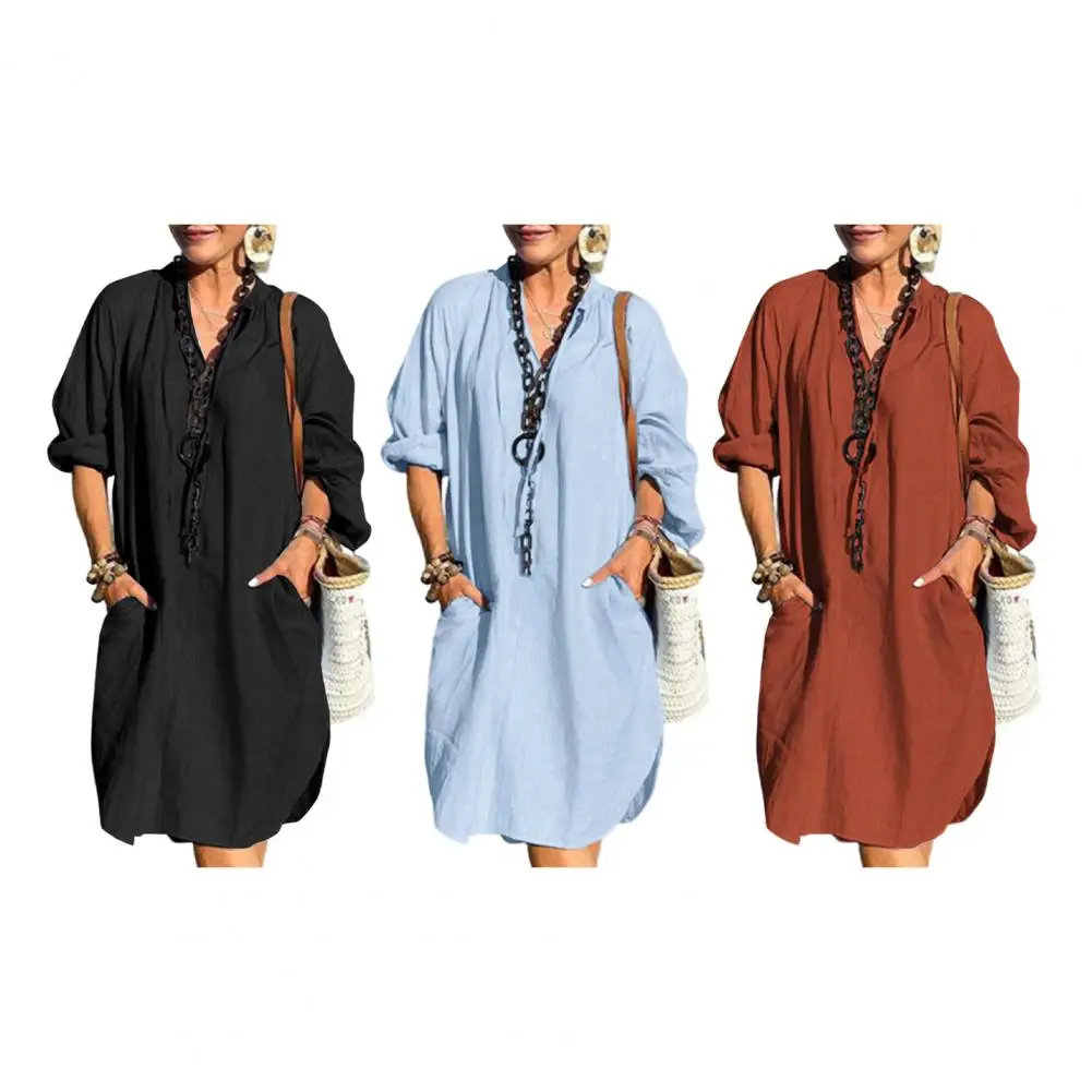 Vintage com decote em v pulôver a linha vestido 2026 novo casual solto vestido de cor sólida feminino elegante feminino robe vestido de verão