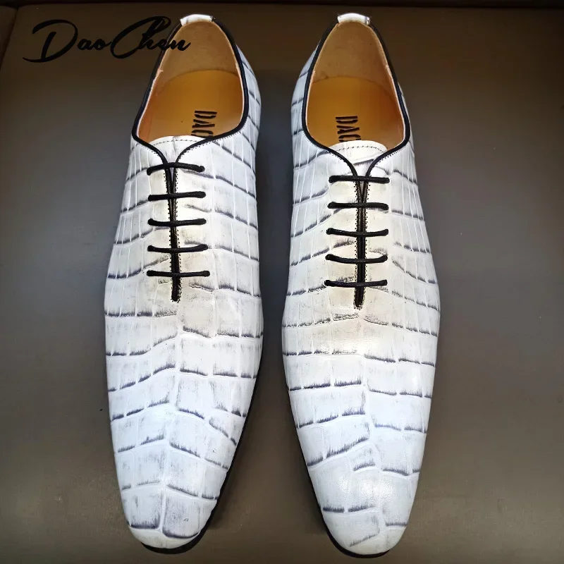 Luxury Brand Men Oxford Shoes Lace-up White Crocodile Print Casual Dress Man Shoes Wedding Office Leather Shoes For Men