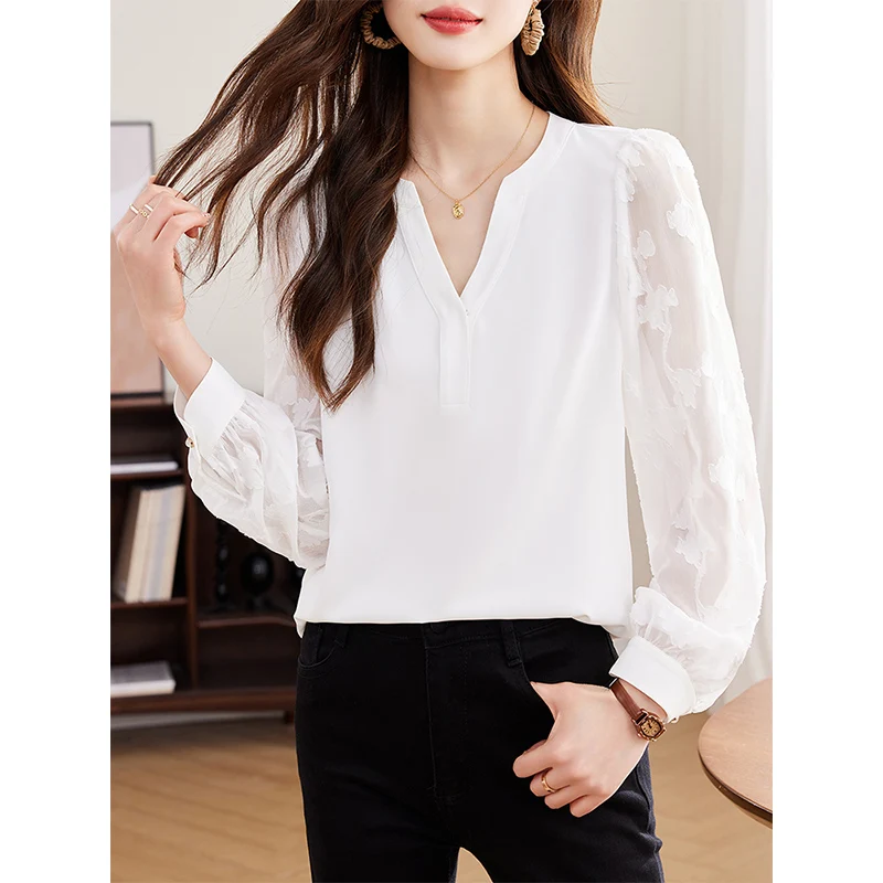 2024 Spring Lace Embroidery Elegant Solid Blouses Women Clothing Temperament Fashion V-neck Spliced Daily Commuting Shirt Tops