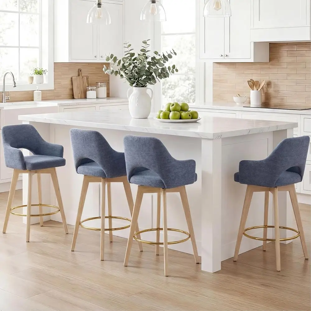 

Set of 4 Blue Upholstered Linen Bar Stools with Armrests and Backrests, Gold Metal Ring Accent, Solid Wood Legs, Suitable for Co