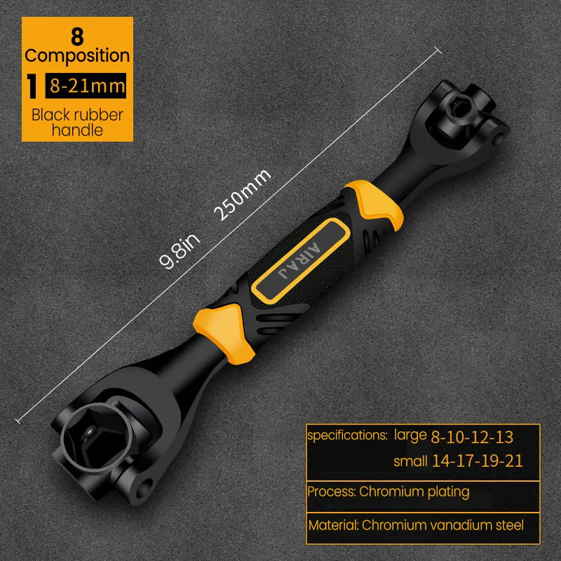 AIRAJ Wrench Eight in One Anti Slip Rubber Handle Chromium Vanadium Steel Durable Multi Functional Manual Tool