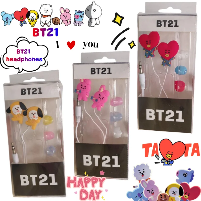 

BT21 koya RJ Shooky Cooky Headset High Color Value Cartoon Doll Shape Student Leisure Sports Noise-proof Wired In-ear Headset