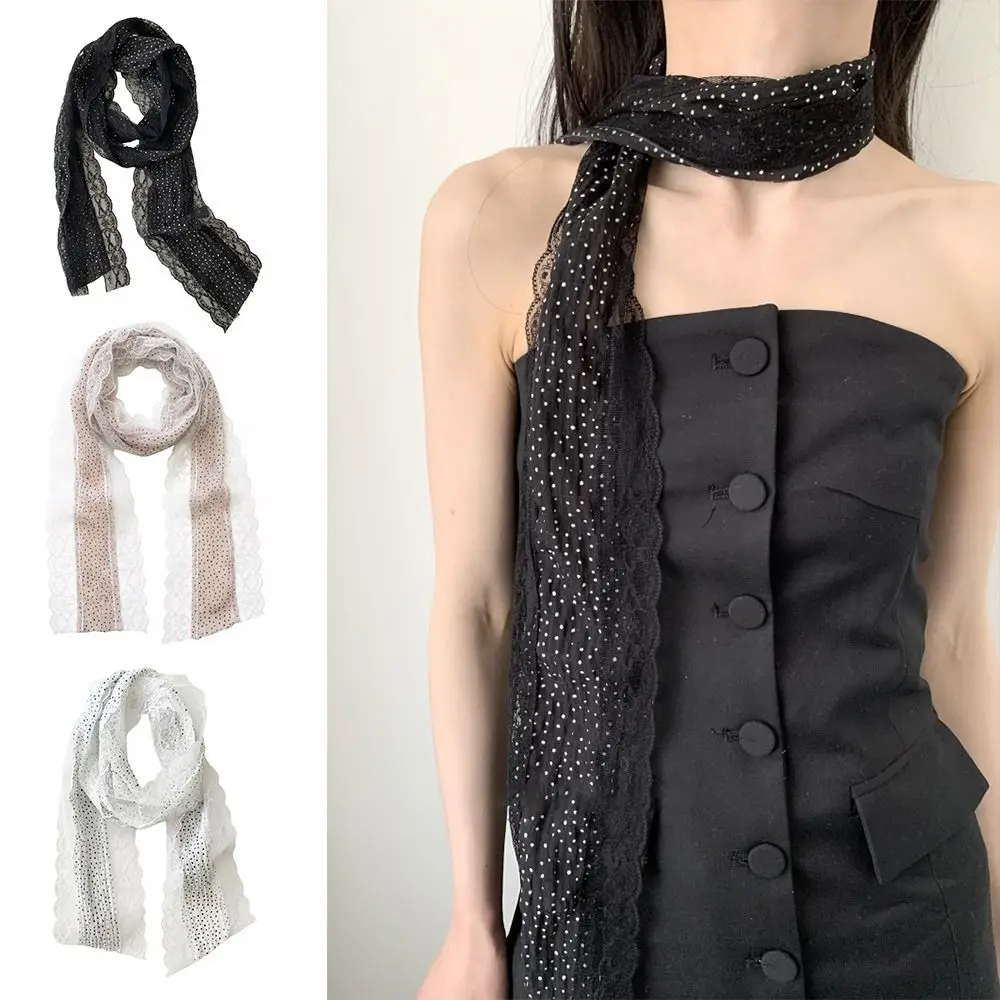 

Trendy Dots Lace Scarf French Style Black White Pink Hairband Lace Edge Long Slim Headband Photo Props