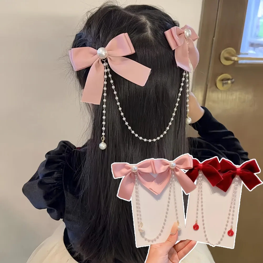 

Sweet Princess Style Pink Pearls Chain Bow Hair Clip Women Children's Cute Back Head Hairpins Hair Clips Girls Hair Accessories