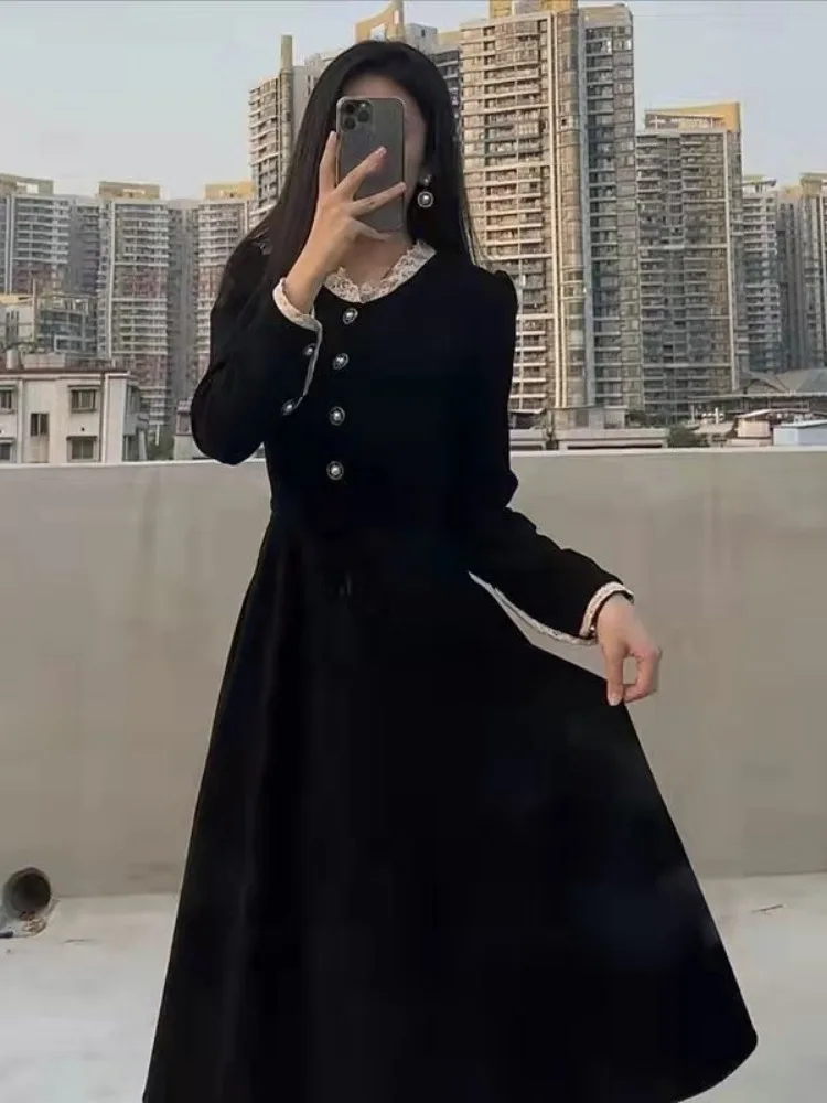 Autumn Korean Chic Elegant Black Dresses for Women Lace Patchwork Long Sleeve Tunic Robe Femme A-line Single Breasted Vestidos