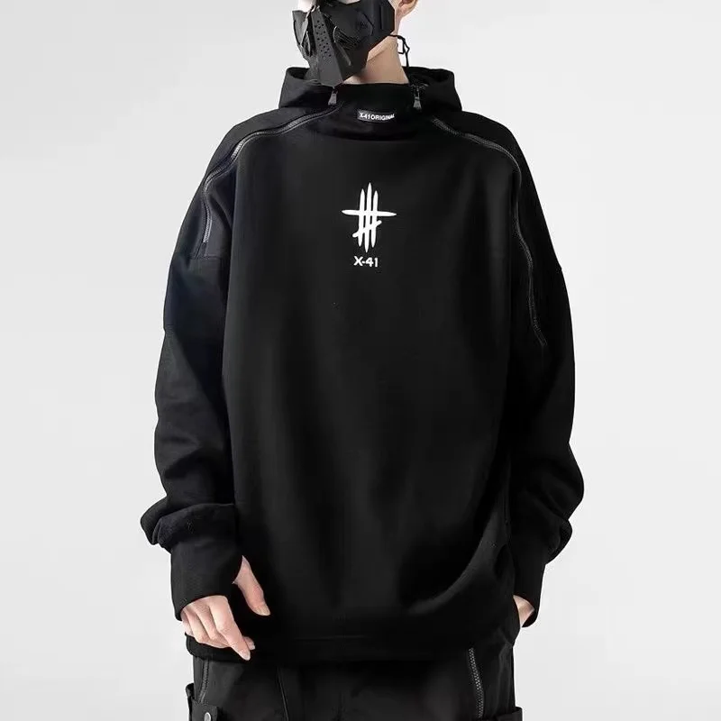 ARENS-Sudadera con capucha de algodón para hombre, ropa de calle Harajuku de gran tamaño con cremallera Irregular, color negro, estilo Hip Hop, primavera 2022