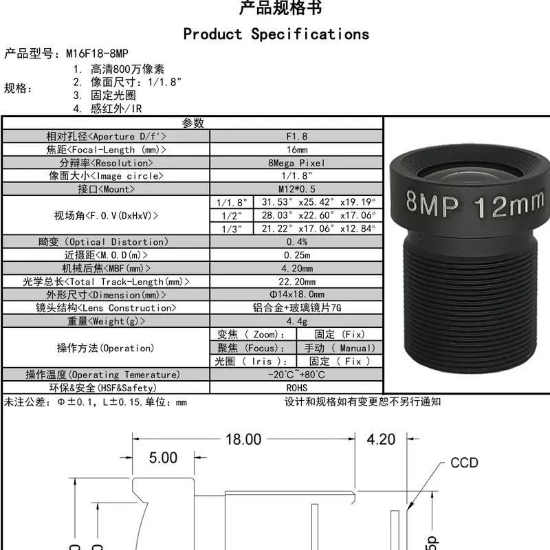 for 4K HD 8MP Industrial Camera M12 Lens 16mm 1/1.8 Inch Distortion Free Machine Vision Monitoring Accessories