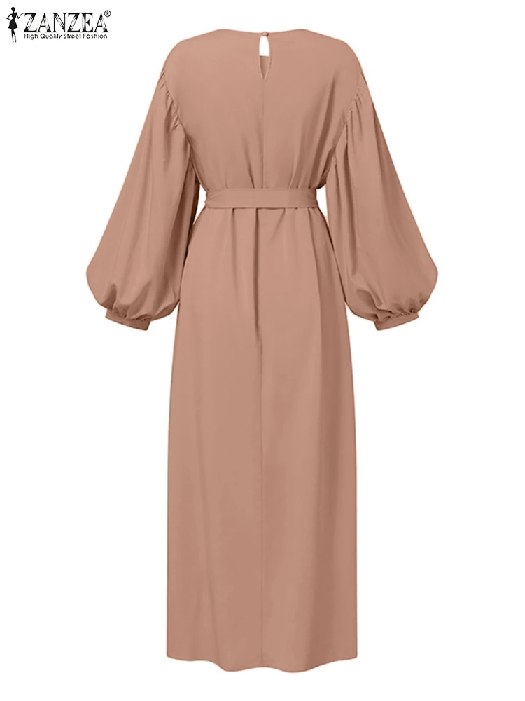 ZANZEA Islamic Women Elegant Party Dress Muslim Fashion Lantern Sleeve Tied Waist Maxi Dress Autumn Luxury O Neck Long Vestidos