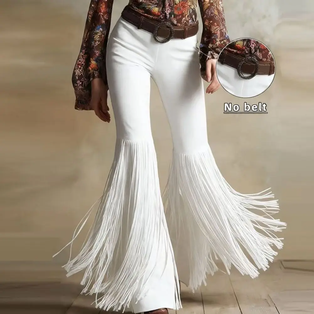 Solid Color Suede Tassel Pants Splicing Design Streetwear Retro High Waist Trousers Boho Style Fringe Hem Slim Fit Flare Pants