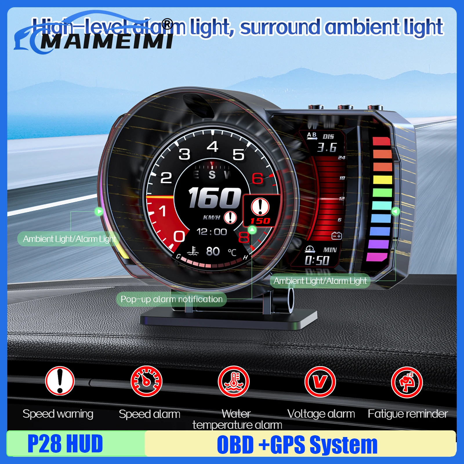 P28 HUD Automotivo OBD+GPS+RGB Display Head-up LCD Velocímetro RPM Quilometragem Consumo de Combustível Relação Ar/Combustível Temperatura Hora Alarme de Voltagem
