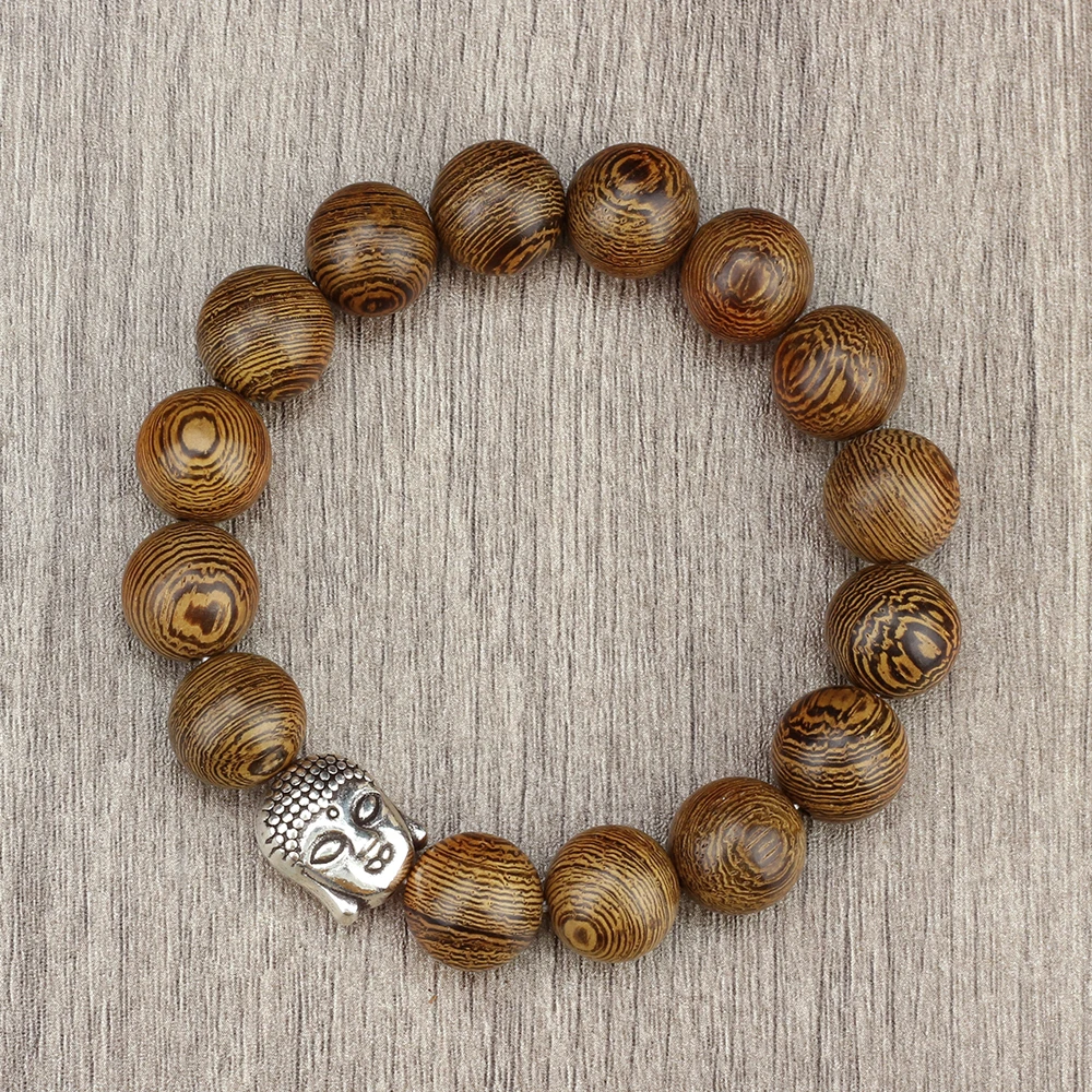 Vintage 8 10 12mm Wooden Beads Bracelet Charm Buddha Head Prayer Stretch Bangles Men Buddhist Bracelets Women Yoga Wrist Jewelry