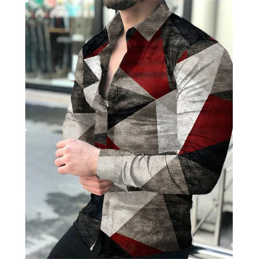 New 3d Printed Checkered Pattern Floral Shirts Men Long-sleeved Shirt Lapel With Button Y2k Shirts Fashion Casual Slim Clothe