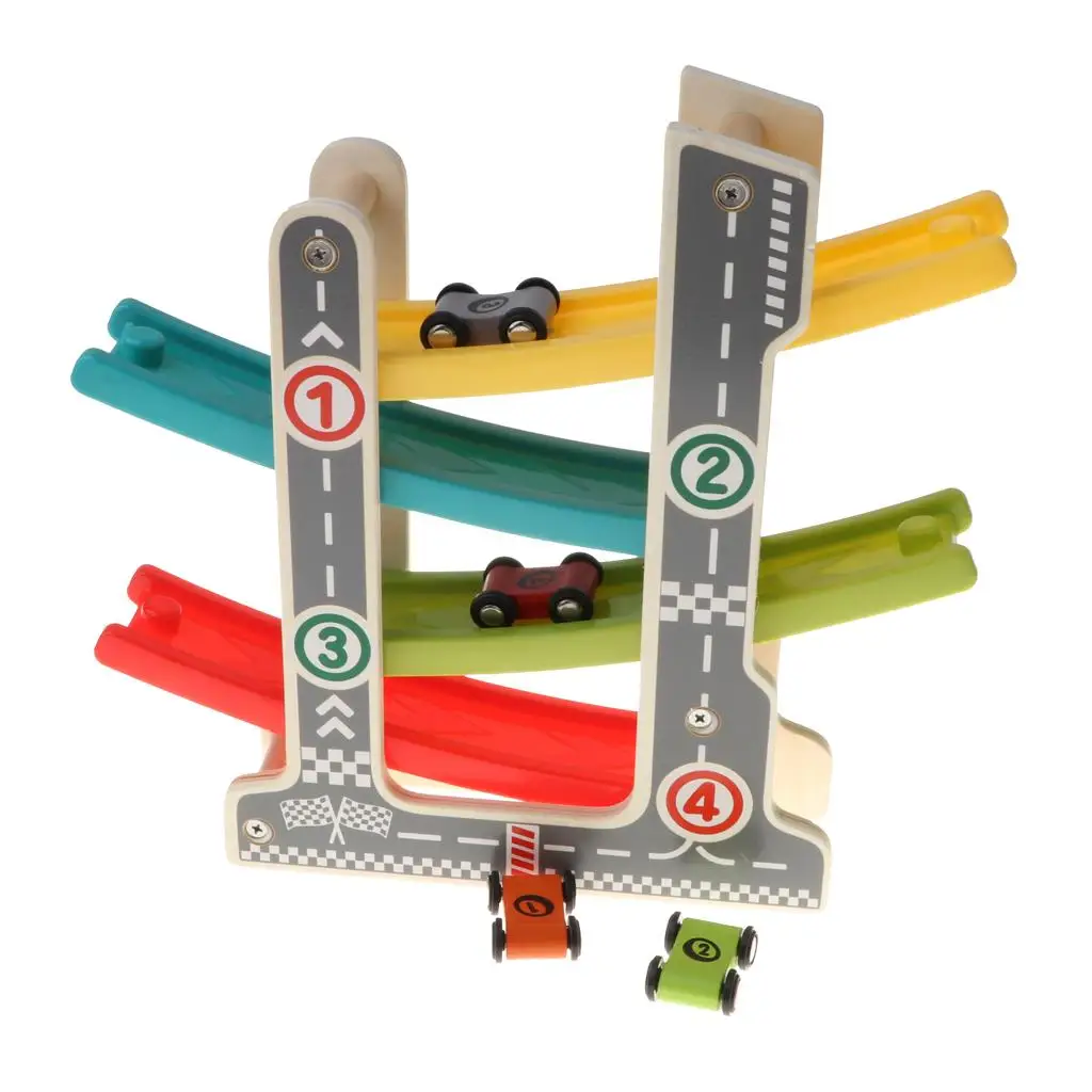 Pembalap Jalan Mobil Trek Balap 4 Lapis Kayu dengan 4 Mobil Mini, Hadiah Mainan Perkembangan Dini Balita Anak-anak