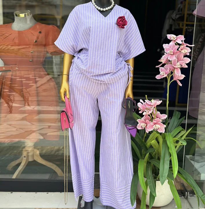 Two Piece Set Women Outfit 2026 Spring New V-Neck Striped Short Sleeve Loose T-Shirt & High Waist Casual Wide Leg Pants Set