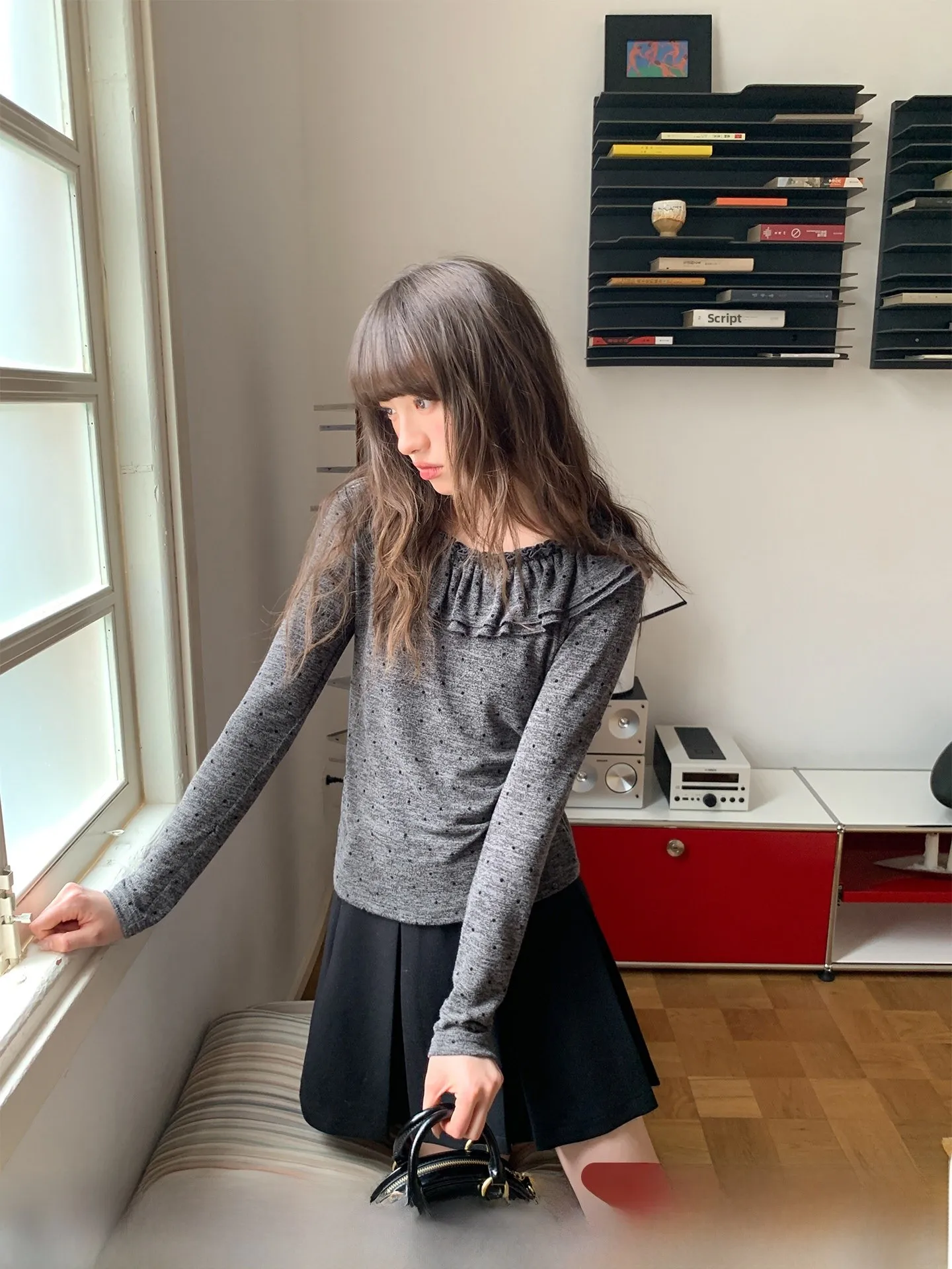 

Hello Women's Long Sve Slim Fit T-irt Double Layered Polka Dot Ruffle Hem Base irt Sweet Korean Sle Top