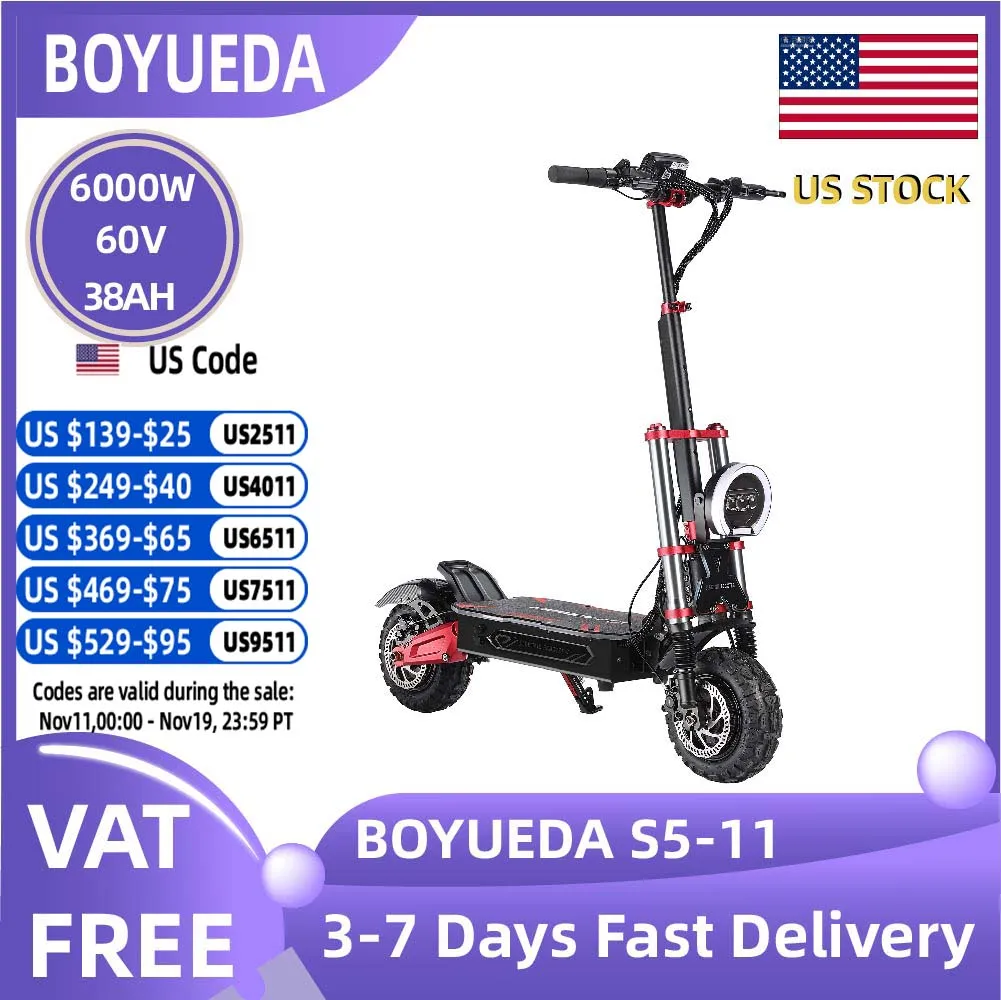 

BOYUEDA S5-11 Adult Electric Scooter 6000W Motor 60V38Ah Battery City Escooter 11 Inch Fat Tire Foldable E-Scooter