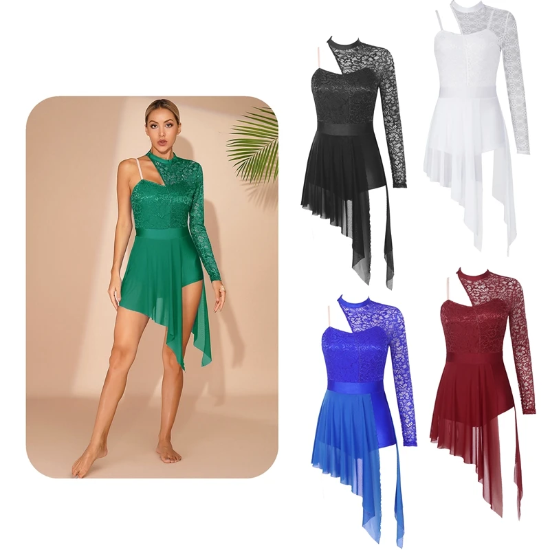 Womens Lace Spliced One Shoulder Leotard Dress Split See-through Mesh Lyrical Dance Dresses Figure Skating Stage Performance