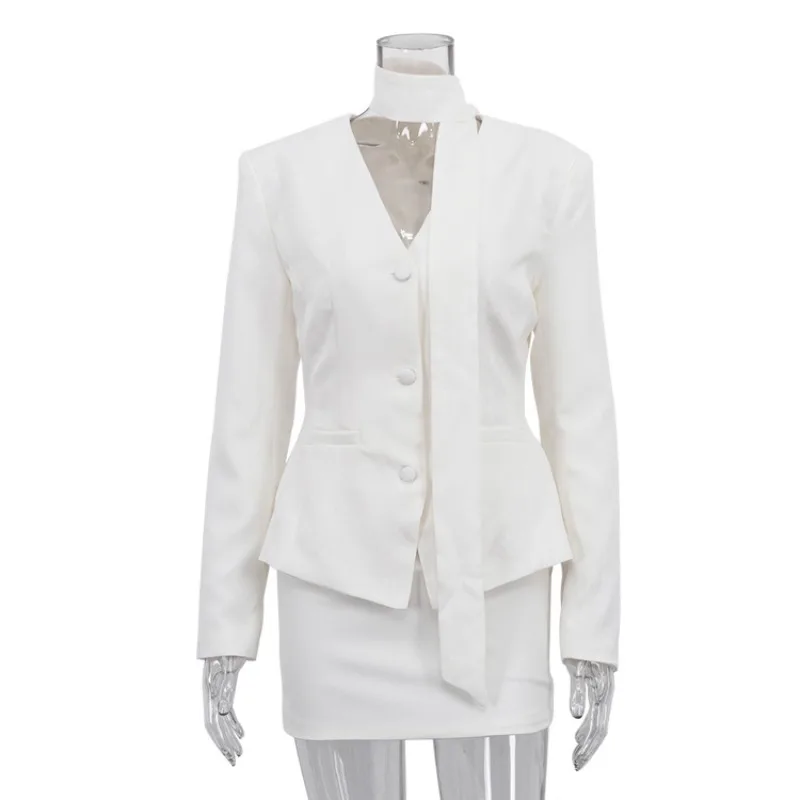 Tuularose Women's Dress Sets Fashion Scarf Ribbon White Blazer Slim New Skirt Set Elegant Luxury Commuter Chic Female Dress Sets image 5