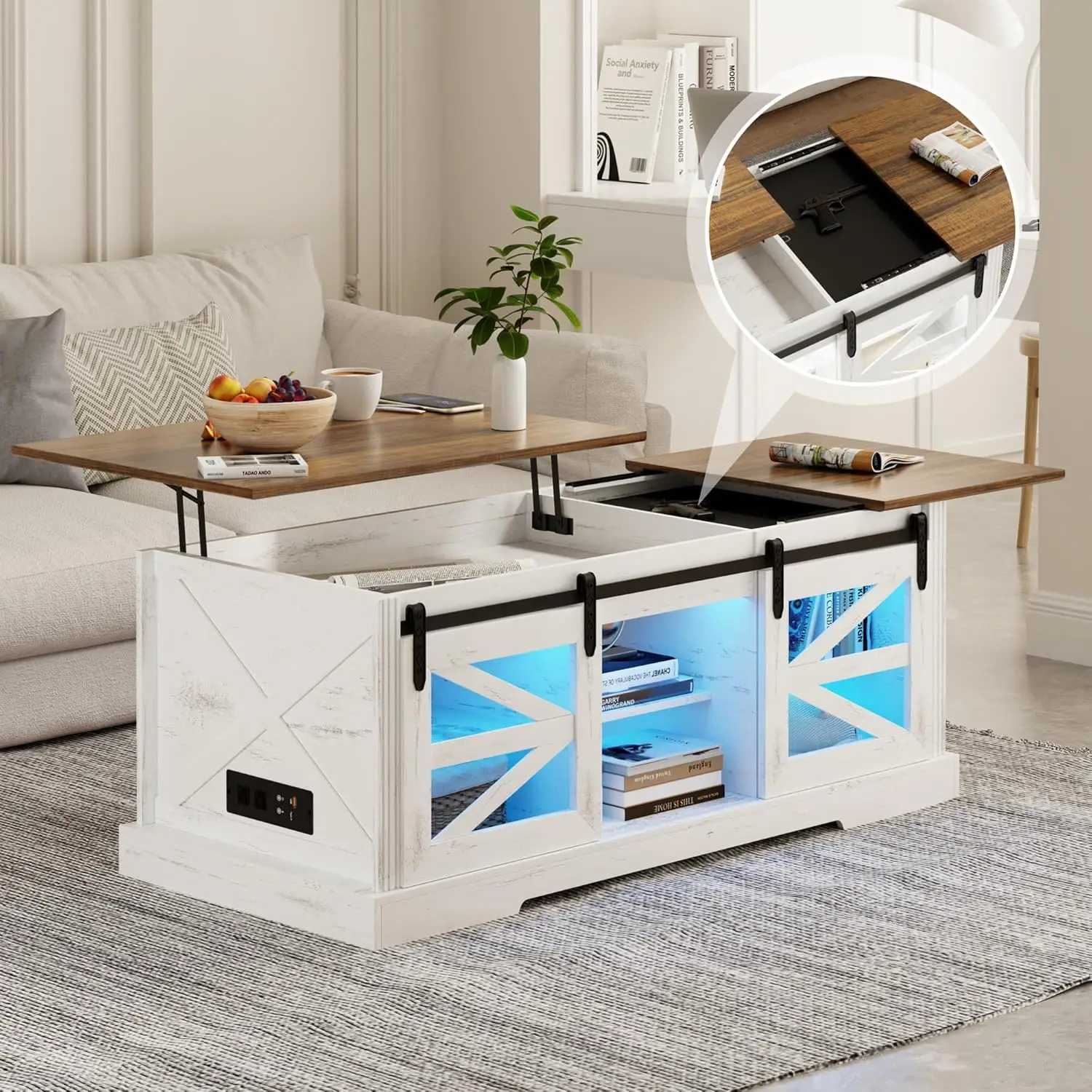 

Lift Top Coffee Table With Gun Cabinet, 2 Sliding Barn Doors-Large Storage And 3 Color LED Lights Fit Modern Rectangular Rustic