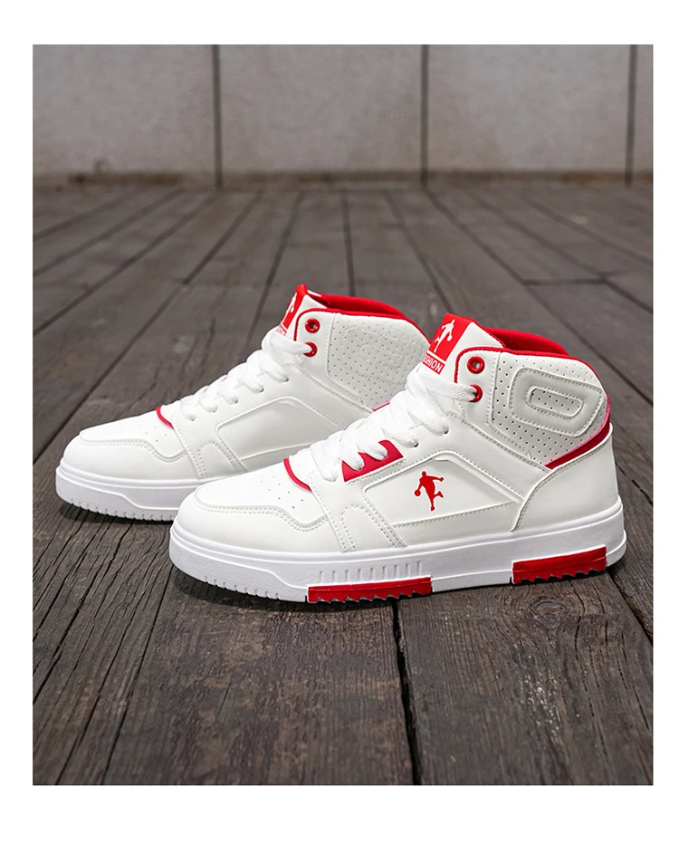 Klassische weiße High-Top-Sneaker für Herren, atmungsaktive Streetwear-Schuhe mit blauen und roten Akzenten – Detail 5