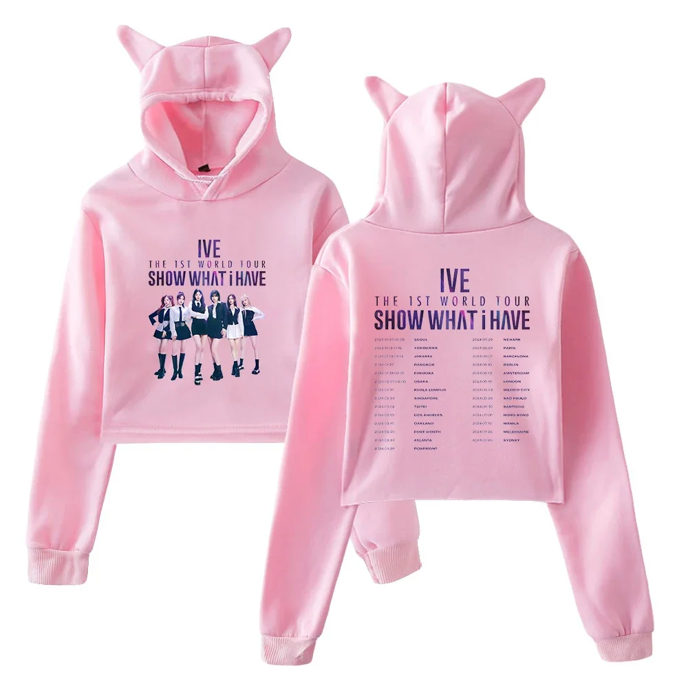 

KPOP IVE The 1ST World Tour Show What I Have Crop Top Hoodie Streetwear Hip Hop Kawaii Cat Ears Harajuku Cropped Sweatshirt