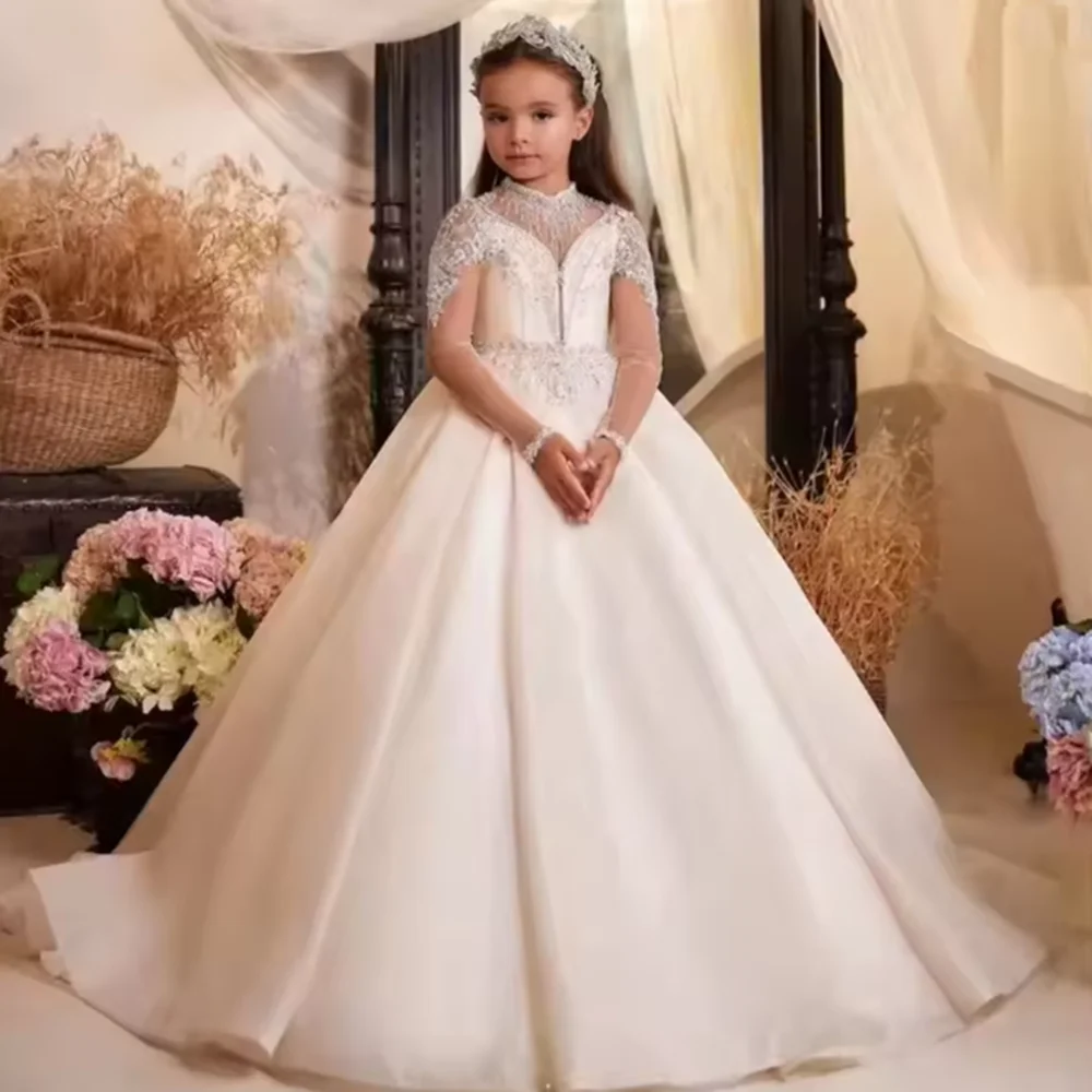 Vestido de menina flor com lantejoulas e miçangas para crianças, festa de aniversário, casamento, primeira comunhão, vestidos de manga completa