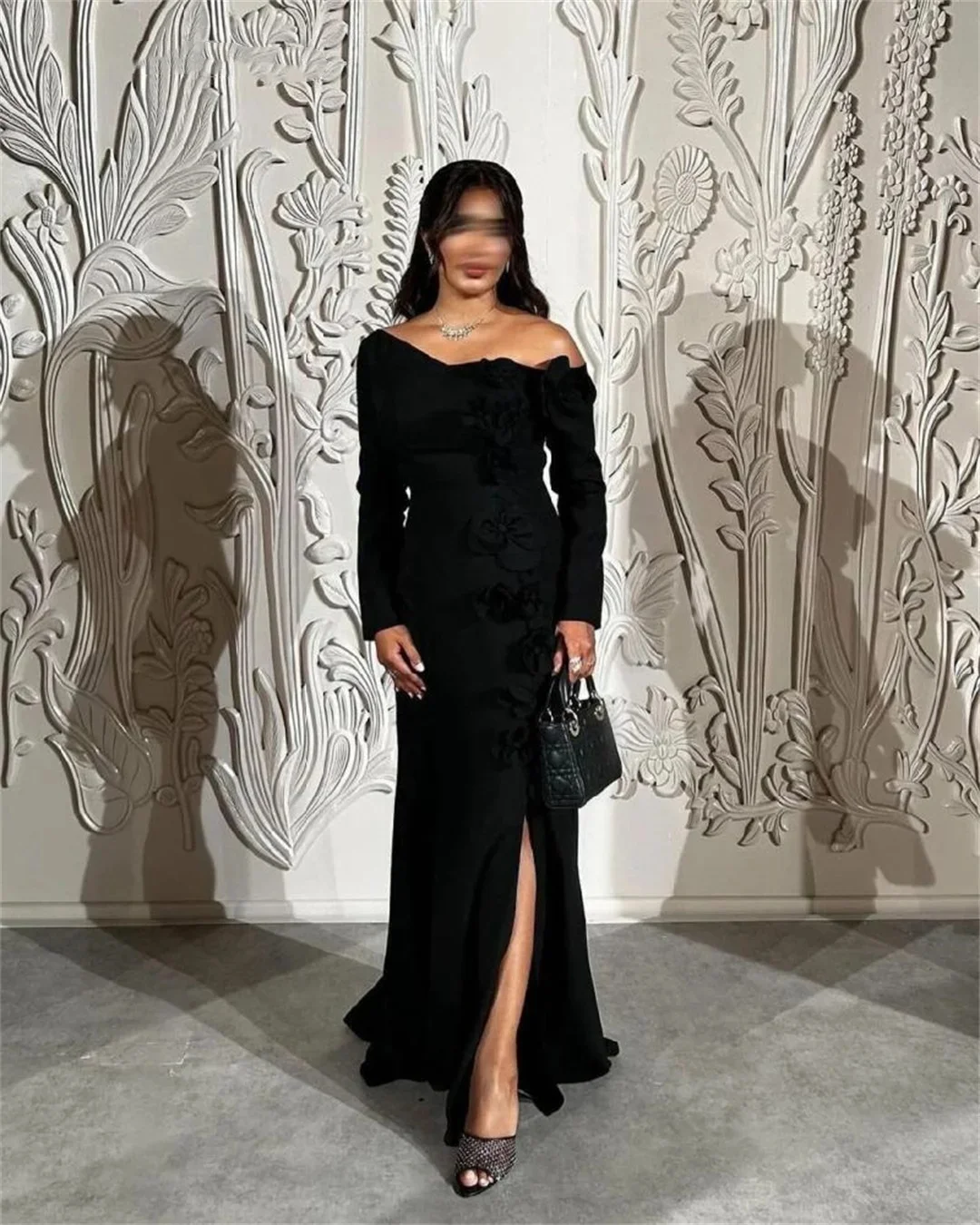 DY Custom Made Black Side Slit Long Sleeves Robe Open Back Floor Length One Shoulder Wedding Evening Dress فستان سهرة