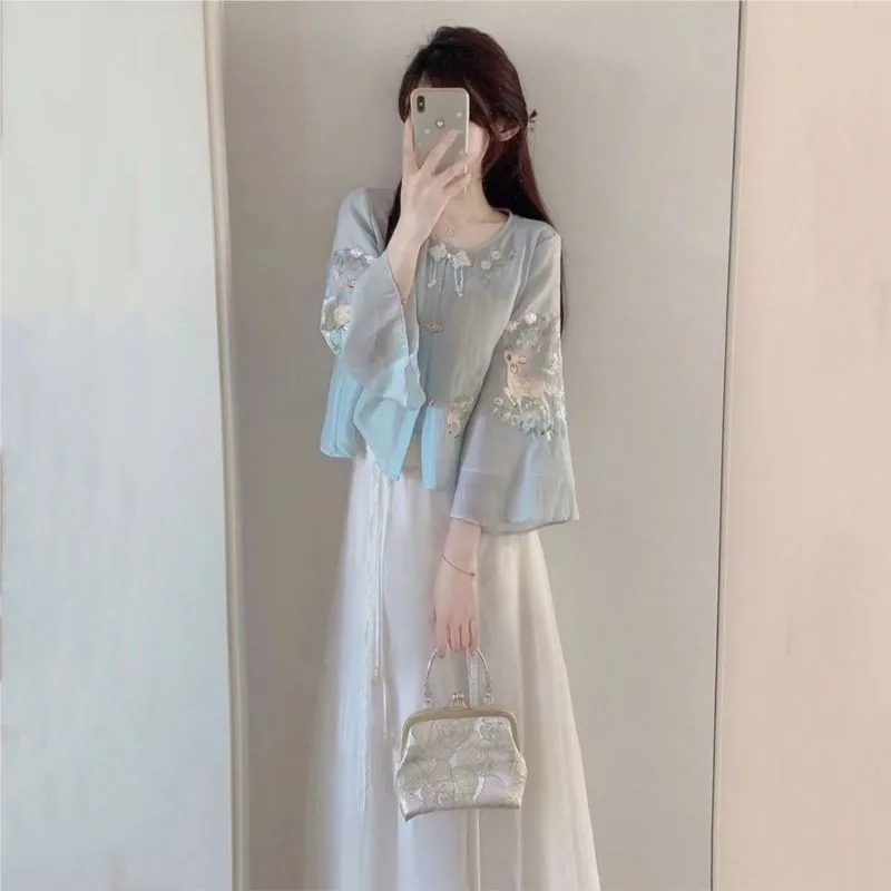 2025 New Maternity Chinese Style Suit Pregnant Women Tang Costume Set Embroidered Buckle Top Half Skirt Set 2-piece Set LH029