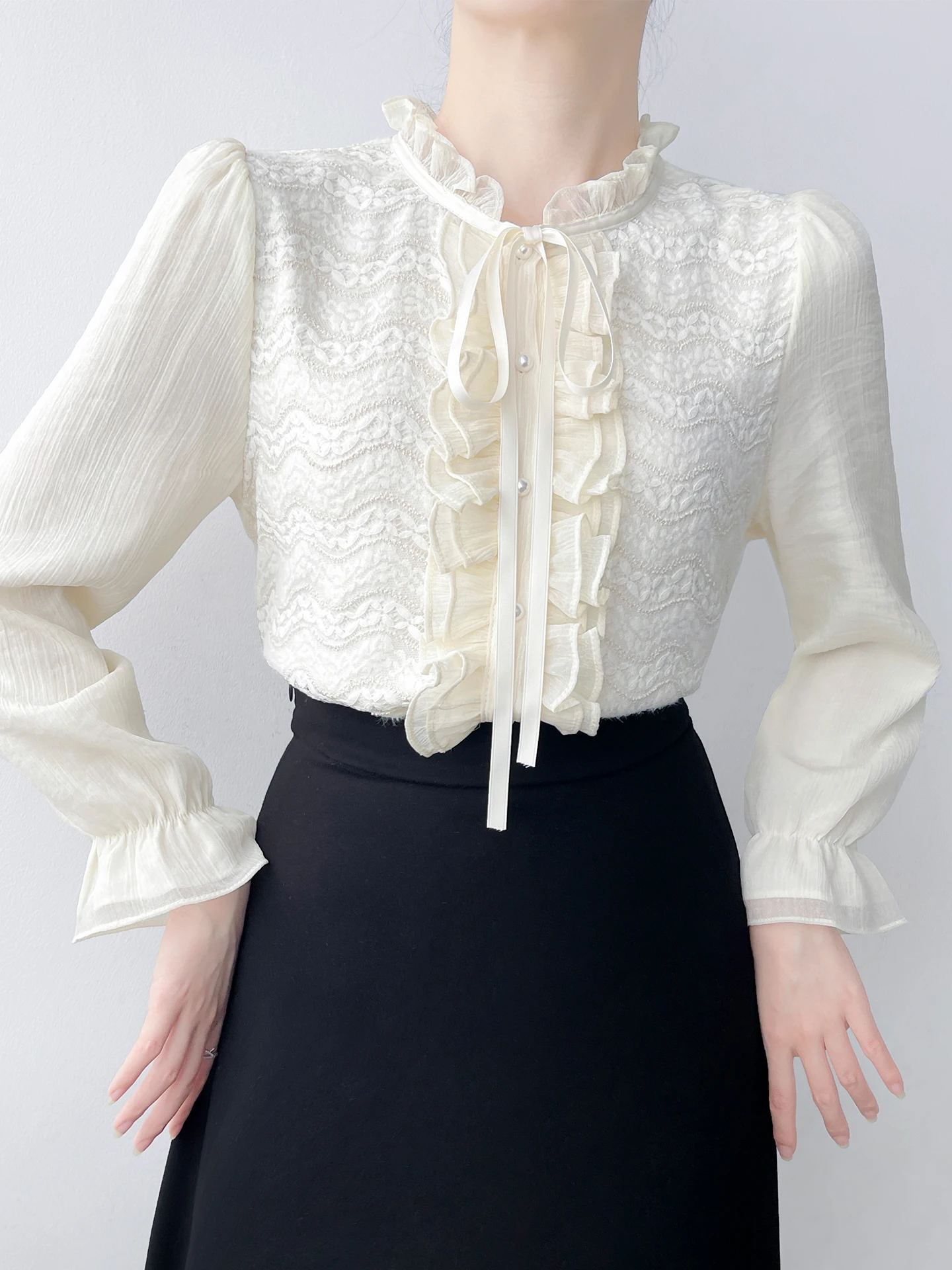 

Корейская женская осенне-зимняя многослойная кофта с длинными рукавами, на флисовой подкладке, с кружевной отделкой, воротником-стойкой и поясом