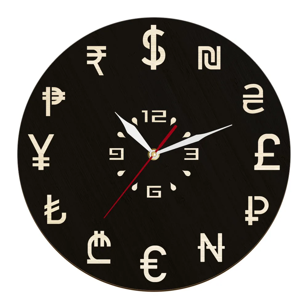 

Money Currency Symbols Silent Wall Clock Made Of Natural Wood For Financial Bank Office Room Business Display Sign Decor Clock