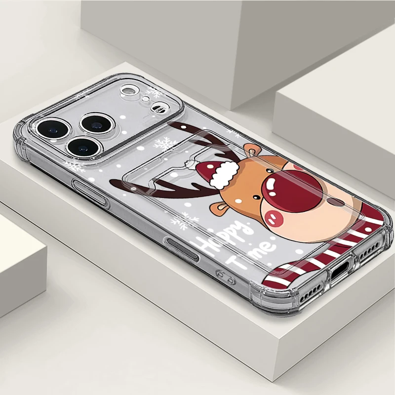 Christmas Elk Pattern Phone Case For iPhone 17 16 15 14 13 12 Pro Max 15 17 Pro Air 11 16e Soft TPU Clear Card Slot Pocket Cover