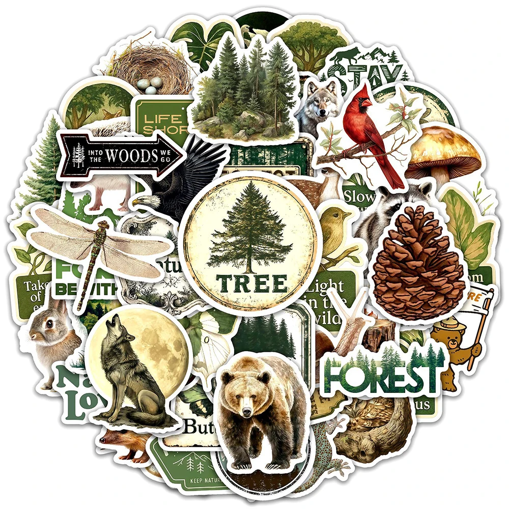 10/30/50pcs Retro Natural Forest Plant Stickers Cartoon Animal Graffiti Decals Phone Skateboard Fridge Helmet Decoration Sticker