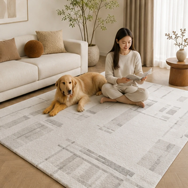Nordic abstract geometric lines New Zealand wool bamboo silk soft cream gray personality designer 3D living room rug handmade t