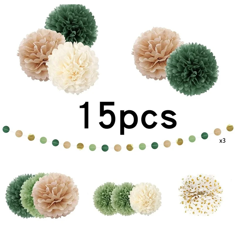 MOPHE-Für Hochzeit Party Dekorationen Set, grüne Seidenpapier Punkte Girlande, 15PCS Pom Poms String hängenden Hintergrund für Hochzeiten