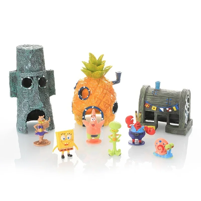 6pcs SpongeBob Fish Tank Decoration Cartoon Aquarium Doll Decorations Pineapple House Fish Shrimp Hideout Aquarium Decoration