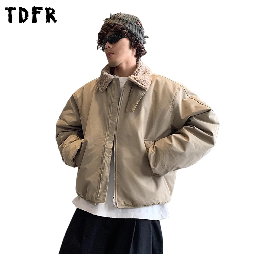 

Spliced Sherpa Padded Jacket Mens Winter Thick Retro Cargo Stand Collar Long Sleeve Thick Ma-1 Bomber Jacket Man Outerwear