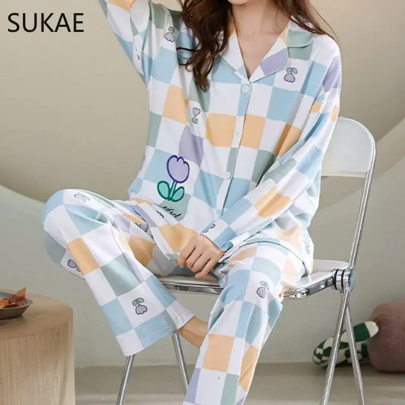 SUKAE Spring Autumn Knttted Cotton Women's Pajamas Set Turn-down Collar Homesuits Cartoon Sleepwear Girls Homewear Woman Pajamas