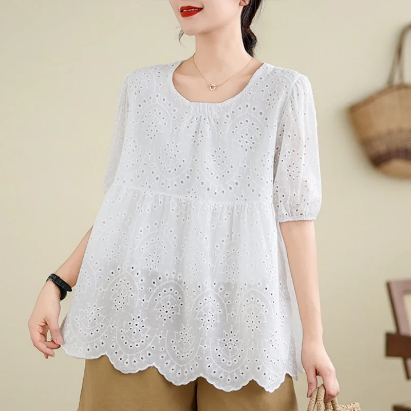 NewSummer White Short Sleeve Lace Blouse for Women Embroidery Hollow Out Shirt Puff Sleeve Tops Round Collar Clothes