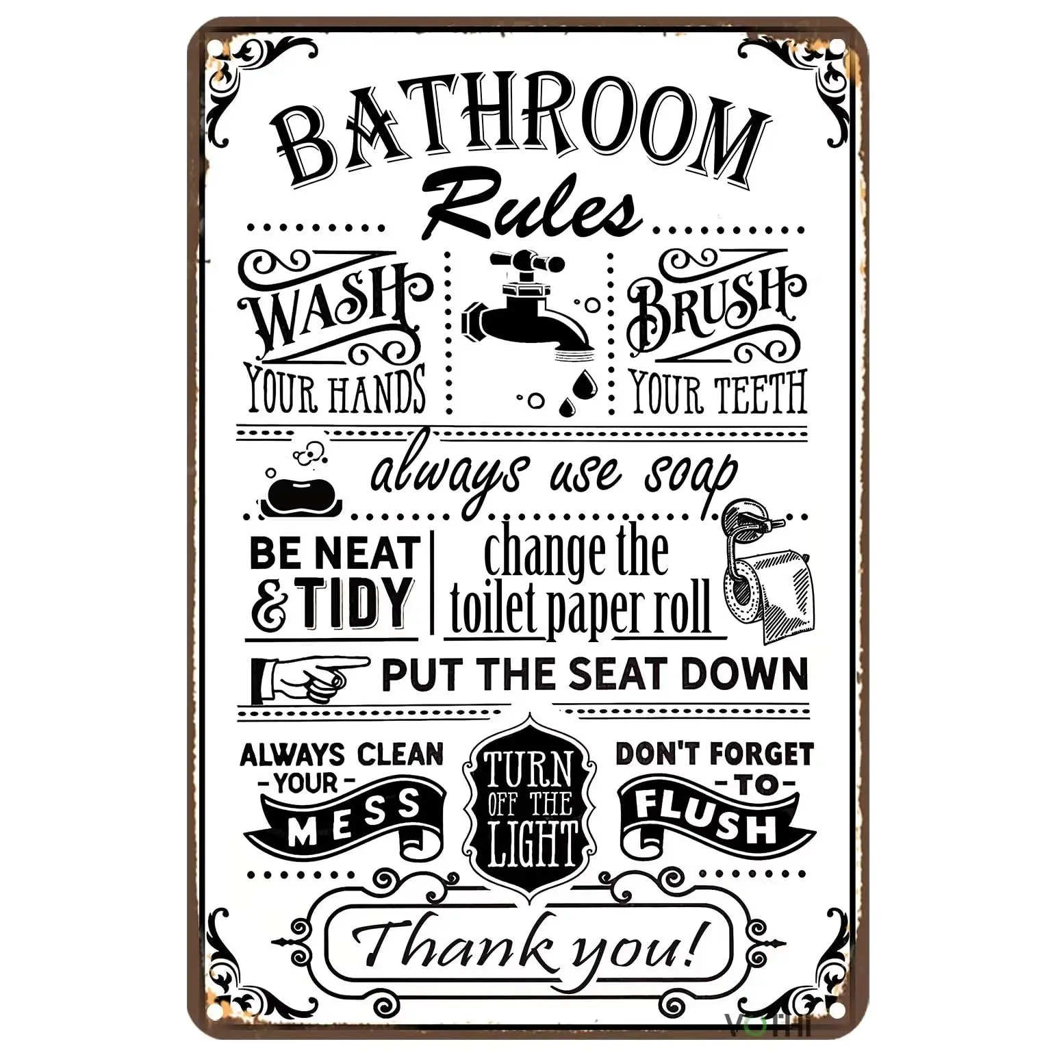 VOTHI Funny Bathroom Rules Metal Tin Sign,Farmhouse Bathroom wall decor,restroom sign,Bathroom Wall Decor 12x8 Inch