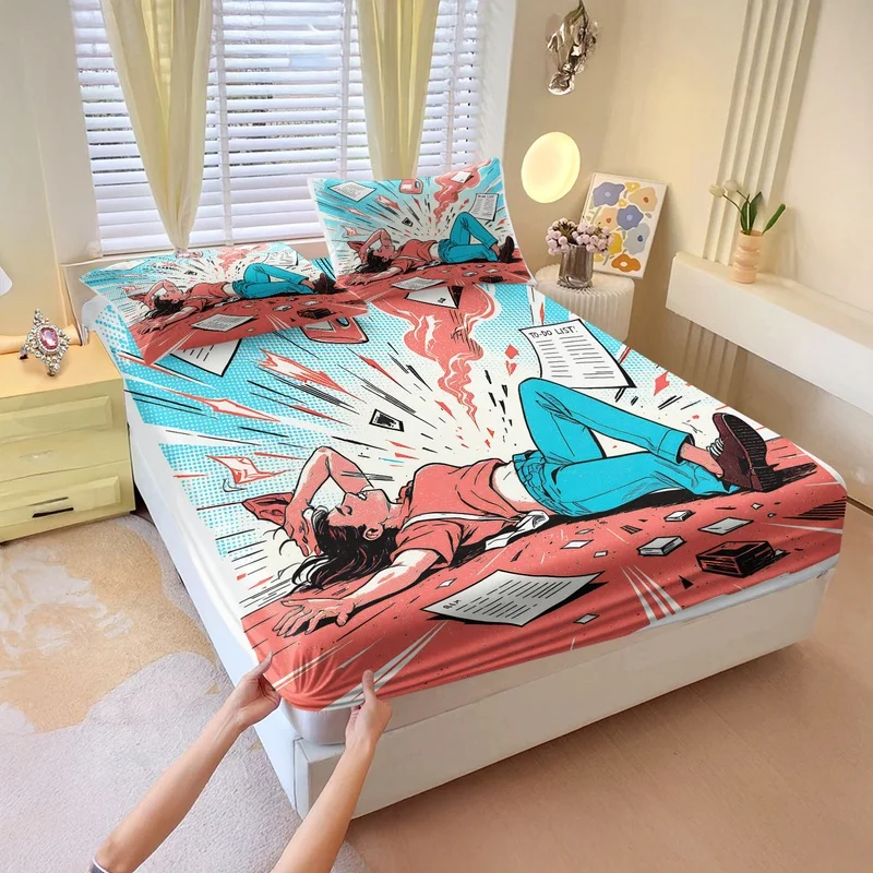 Office Burnout Fitted Sheet Set Tired Worker Messy Desk Coffee Cup Print Bed Sheet Set Elastic Deep Pocket Bed Linens Decor Gift