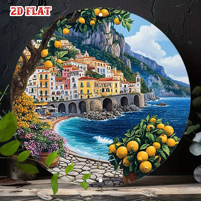 1pc Amalfi Coastal Metal Wall Art - Italian Coastal Landscape Painting Replica with Stone Path, Waves, Rocks - Heavy-Duty Alumin
