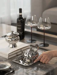 Nordic Luxury Stainless Steel TeaPot, Retro Sugar Bowl, Coffee Candy Jar with Lid for Home Decoration, Afternoon Tea, Holtel